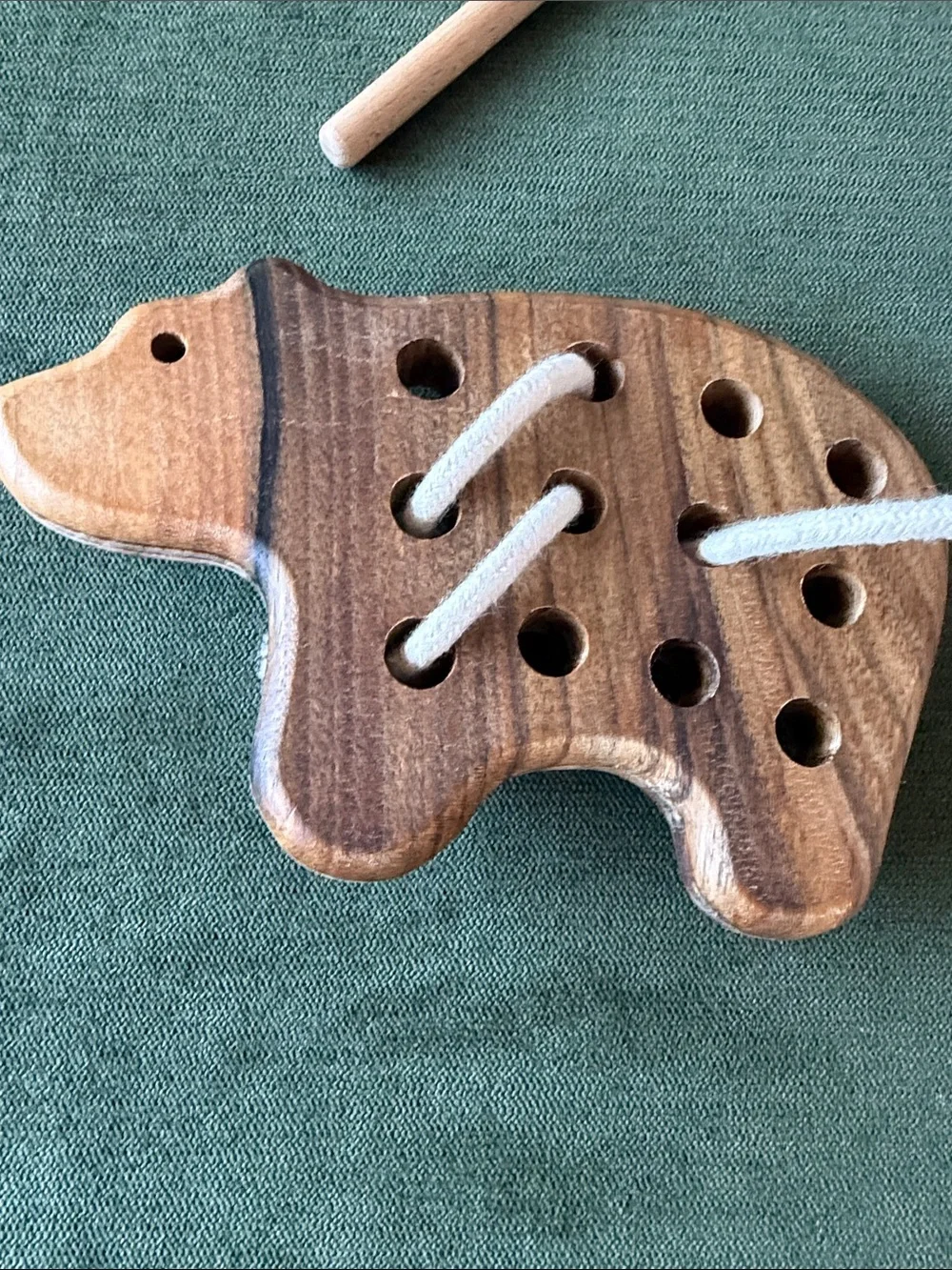 Handmade Wooden Bear Lacing Toy with White Lace